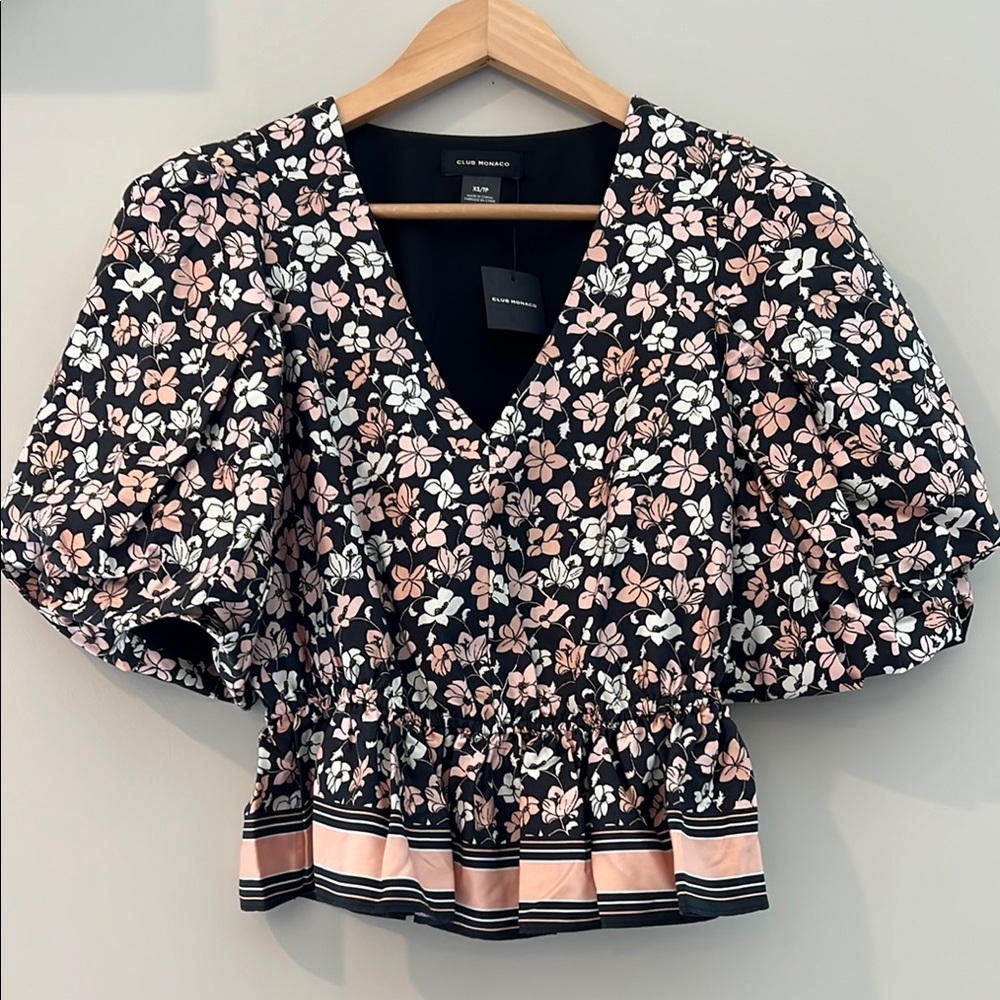NWT - Club Monaco Black, White, Light Pink, Balloon Sleeve Top - Size XS